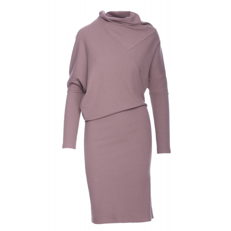 B309 Sukienka bluzowana z dzianiny prążkowanej - kakaowa