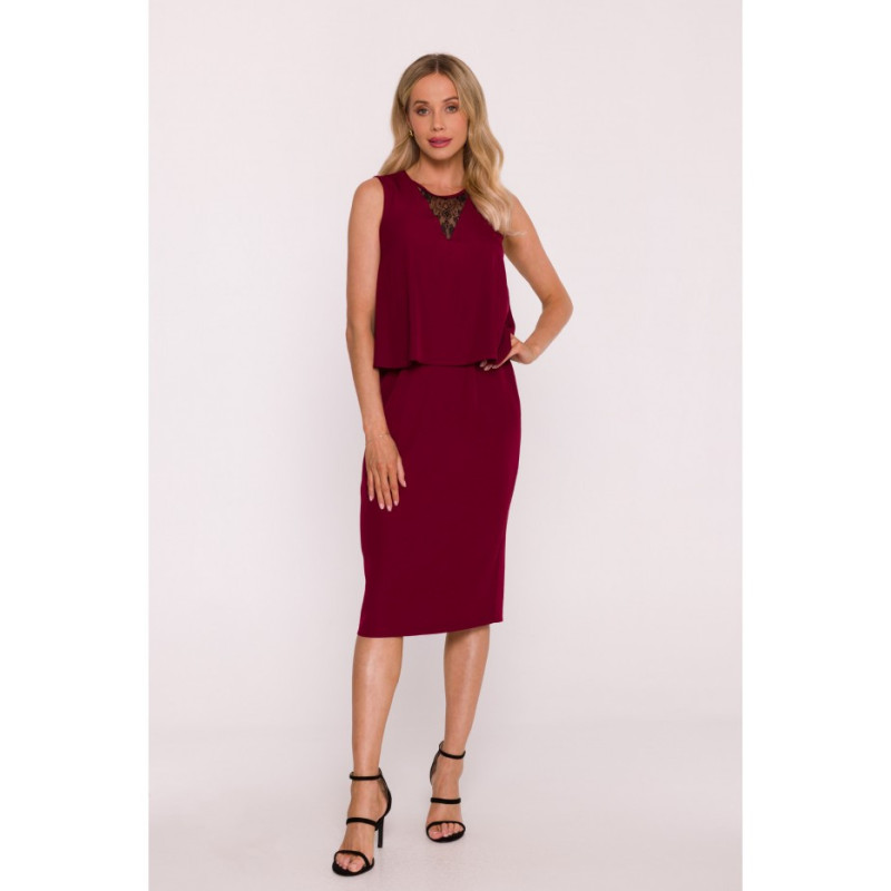 S422 Sukienka ze wstawką z koronki - bordowa