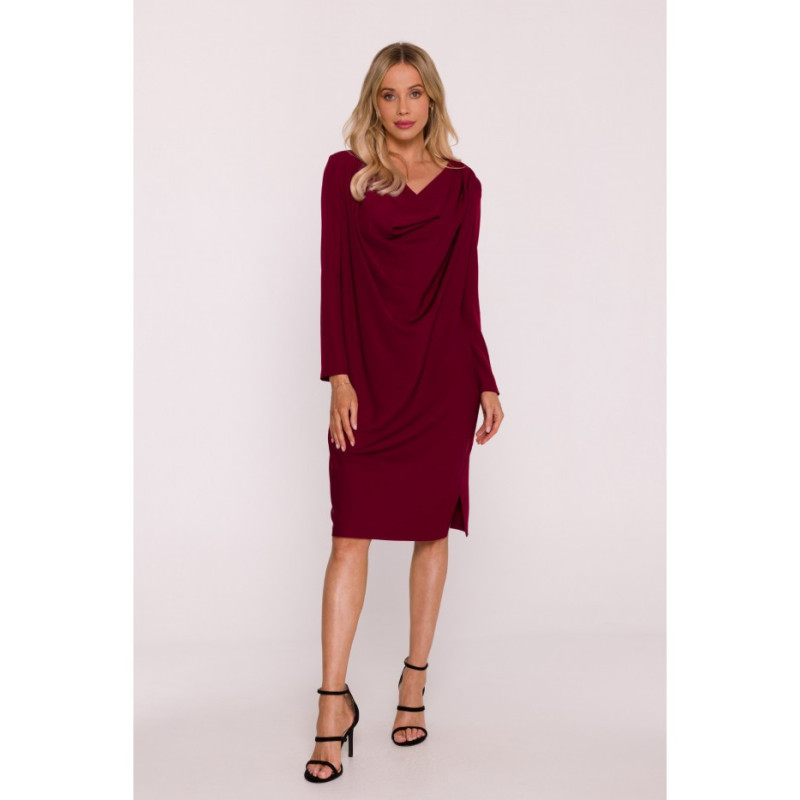 S428 Sukienka z drapowanym dekoltem - bordowa