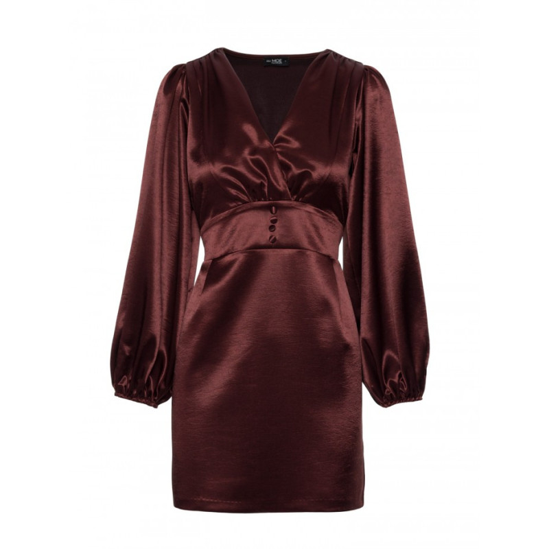 M888 Sukienka mini z bufiastymi rękawami - brązowa