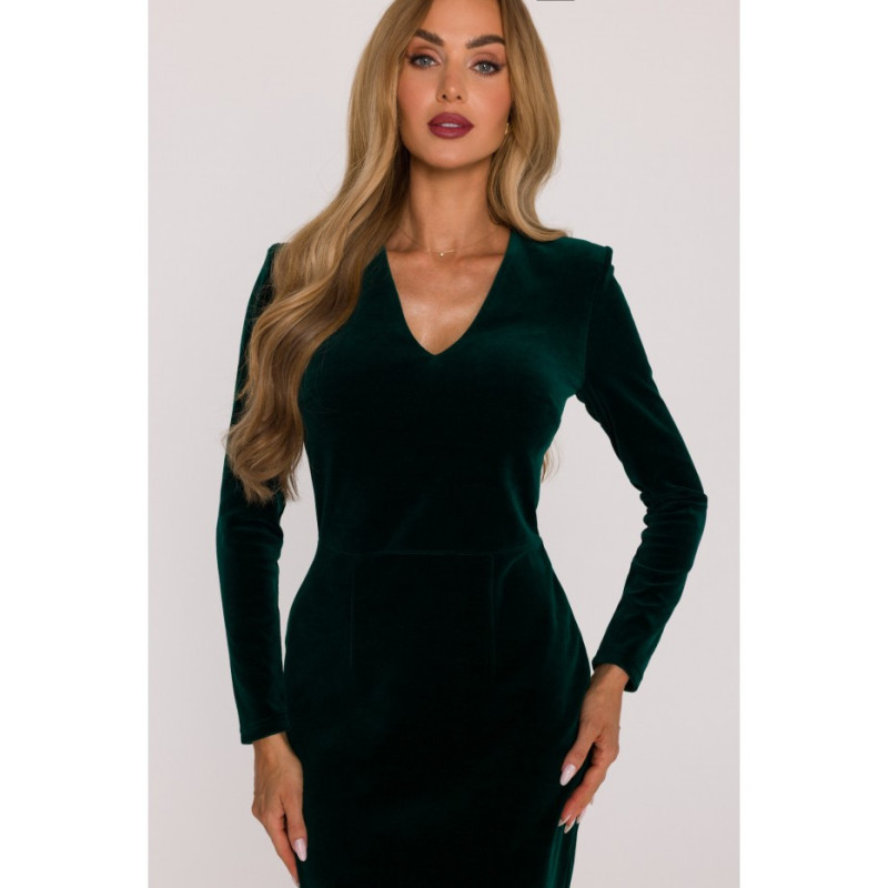 M889 Sukienka welurowa z dekoltem - zielona