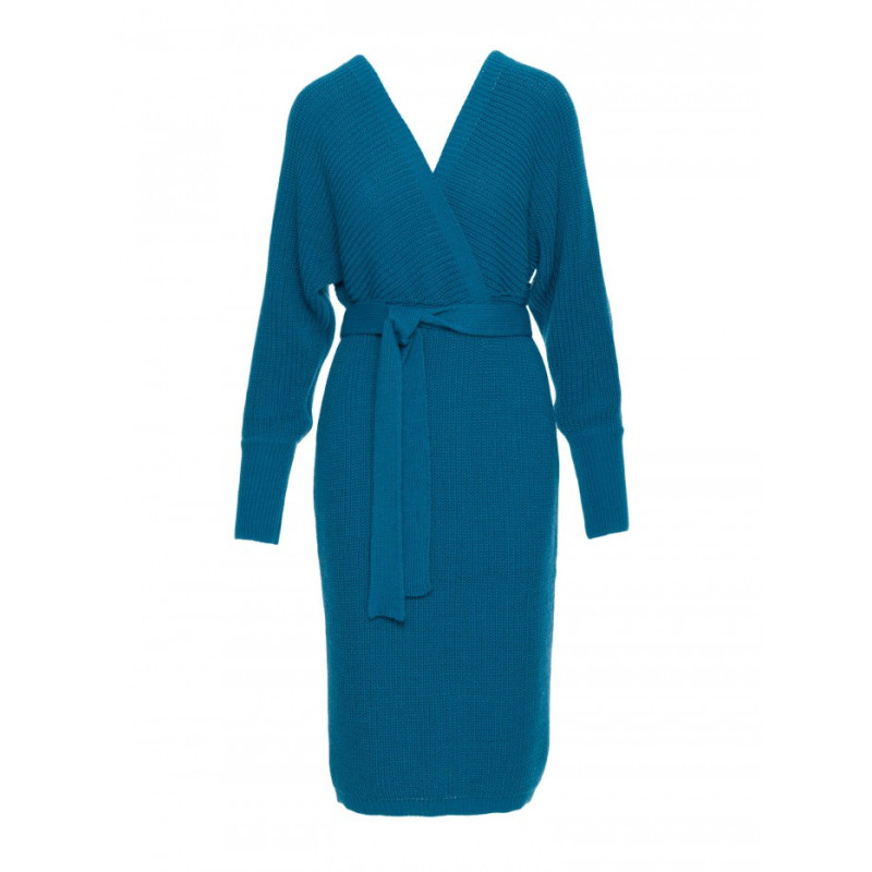 M810 Sukienka swetrowa z dekoltem kopertowym i paskiem - morski