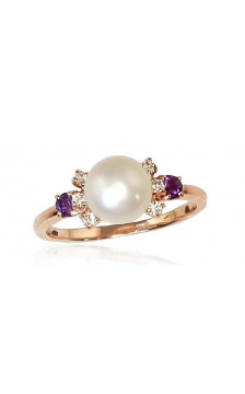 Gold ring 1100253(Au-R)_CZ+AM+PE, Red Gold 585°, Zirkons , Amethyst , Fresh-water Pearl