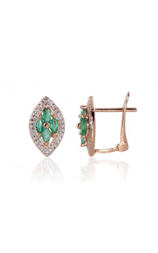 Gold earrings with 'english' lock 1200250(Au-R+PRh-W)_DI+EM, Red Gold 585°, Rhodium (Plating) , Diamonds , Emerald