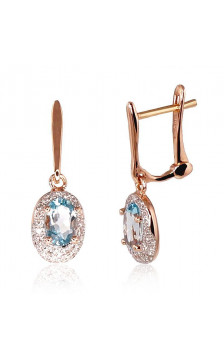 Gold earrings with 'english' lock 1200392(Au-R+PRh-W)_DI+TZLB, Red Gold 585°, Rhodium (Plating) , Diamonds , Sky Blue