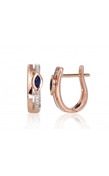 Gold earrings with 'english' lock 1200713(Au-R+PRh-W)_DI+SA, Red Gold 585°, Rhodium (Plating) , Diamonds , Sapphire