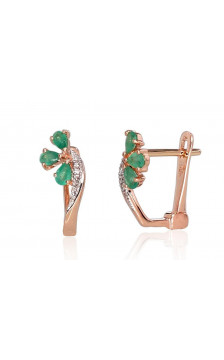 Gold earrings with 'english' lock 1200716(Au-R+PRh-W)_DI+EM, Red Gold 585°, Rhodium (Plating) , Diamonds , Emerald