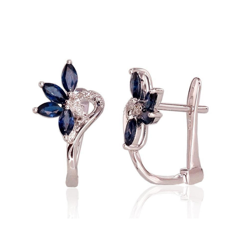 Zelta auskari ar 'angļu' slēdzēju 1200717(Au-W)_DI+SA, Baltais Zelts 585°, Briljanti , Safīrs