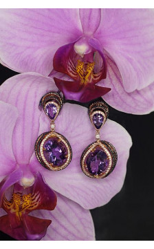 Gold classic studs earrings 1200803(Au-R+PRh-Bk)_DI+AM, Red Gold 585°, Rhodium (Plating) , Diamonds , Amethyst