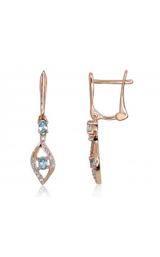 Gold earrings with 'english' lock 1200972(Au-R+PRh-W)_DI+TZB, Red Gold 585°, Rhodium (Plating) , Diamonds , Blue Topaz