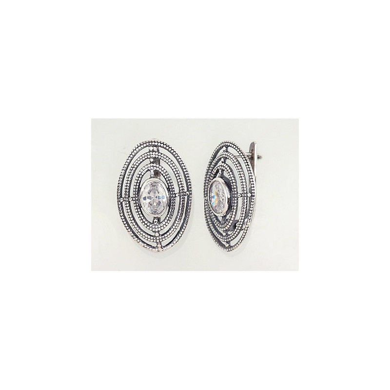 Silver earrings with 'english' lock 2201704(POx-Bk)_CZ, Silver 925°, oxide (Plating), Zirkons