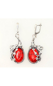 Silver earrings with 'english' lock 2202214(POx-Bk)_COX, Silver 925°, oxide (Plating), Coral (Imitation)