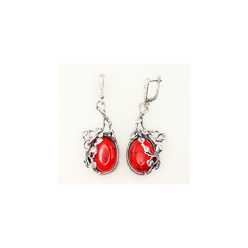 Silver earrings with 'english' lock 2202214(POx-Bk)_COX, Silver 925°, oxide (Plating), Coral (Imitation)