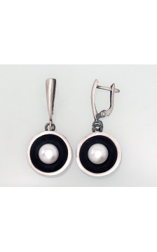 Silver earrings with 'english' lock 2202832(Matt+POx-MattBk)_PE, Silver 925°, oxide (Plating), Fresh-water Pearl