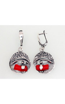 Silver earrings with 'english' lock 2202890(POx-Bk)_CO, Silver 925°, oxide (Plating), Coral