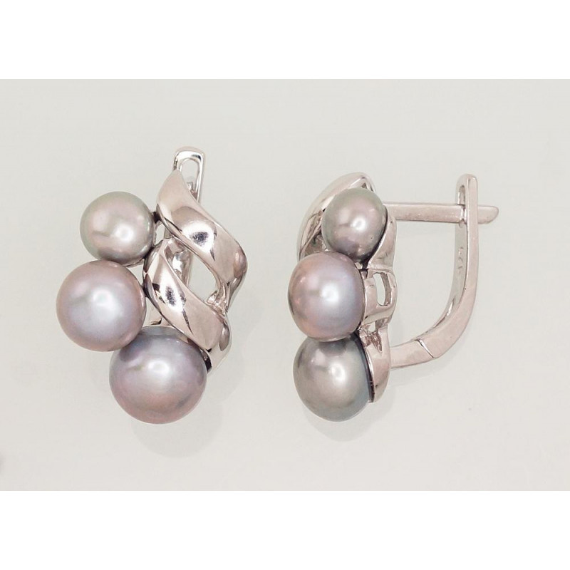 Silver earrings with 'english' lock 2202917(PRh-Gr)_PE-GR, Silver 925°, Rhodium (Plating), Fresh-water Pearl