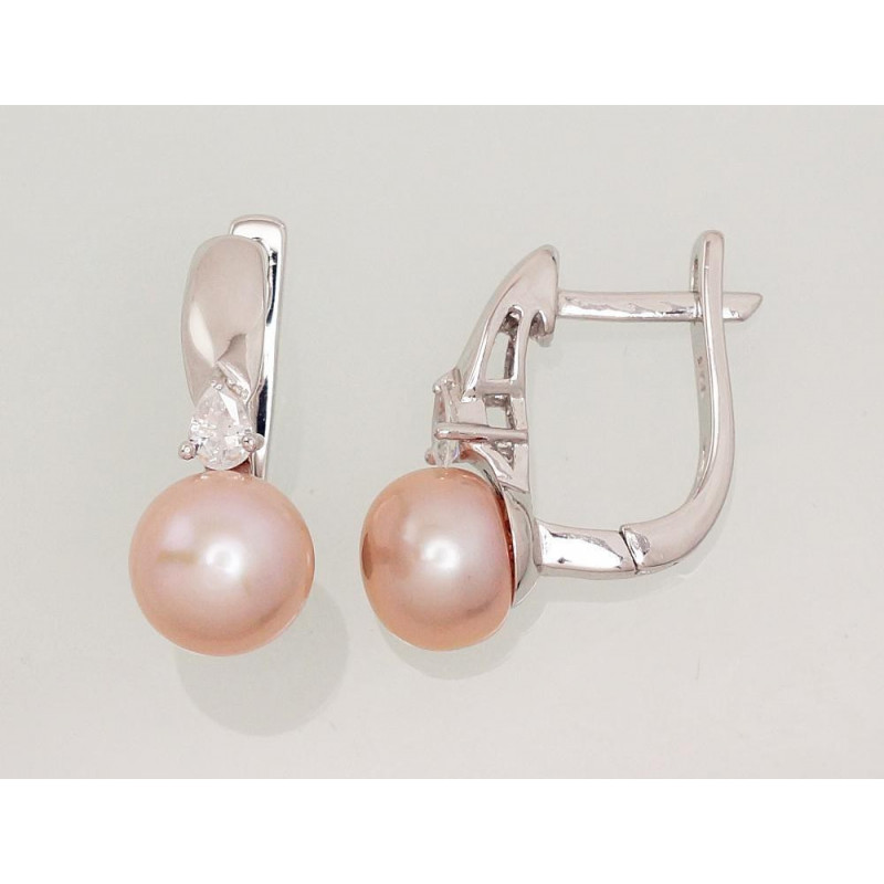 Silver earrings with 'english' lock 2202918(PRh-Gr)_CZ+PE-PI, Silver 925°, Rhodium (Plating), Zirkons , Fresh-water Pearl