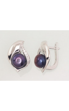 Silver earrings with 'english' lock 2202920(PRh-Gr)_CZ+PE-BK, Silver 925°, Rhodium (Plating), Zirkons , Fresh-water Pearl