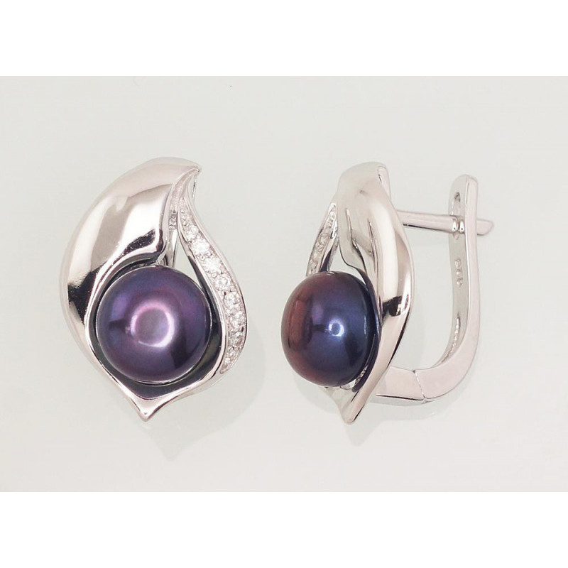 Silver earrings with 'english' lock 2202920(PRh-Gr)_CZ+PE-BK, Silver 925°, Rhodium (Plating), Zirkons , Fresh-water Pearl