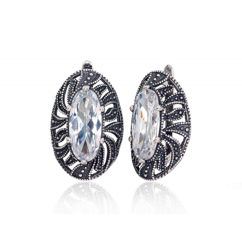 Silver earrings with 'english' lock 2203230(POx-Bk)_CZ, Silver 925°, oxide (Plating), Zirkons
