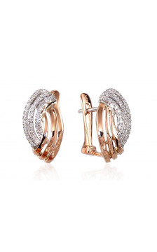 Gold earrings with 'english' lock 1200274(Au-R+PRh-W)_DI, Red Gold 585°, Rhodium (Plating) , Diamonds