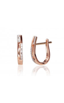 Gold earrings with 'english' lock 1200709(Au-R+PRh-W)_DI, Red Gold 585°, Rhodium (Plating) , Diamonds