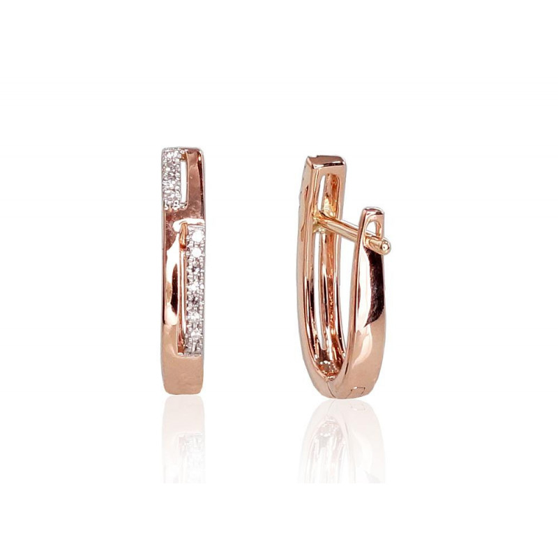 Gold earrings with 'english' lock 1200709(Au-R+PRh-W)_DI, Red Gold 585°, Rhodium (Plating) , Diamonds