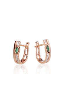 Gold earrings with 'english' lock 1200713(Au-R+PRh-W)_DI+EM, Red Gold 585°, Rhodium (Plating) , Diamonds , Emerald
