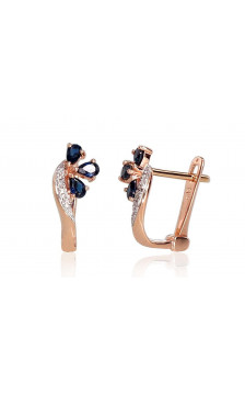 Gold earrings with 'english' lock 1200716(Au-R+PRh-W)_DI+SA, Red Gold 585°, Rhodium (Plating) , Diamonds , Sapphire