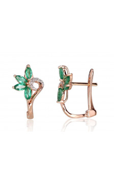 Gold earrings with 'english' lock 1200717(Au-R+PRh-W)_DI+EM, Red Gold 585°, Rhodium (Plating) , Diamonds , Emerald