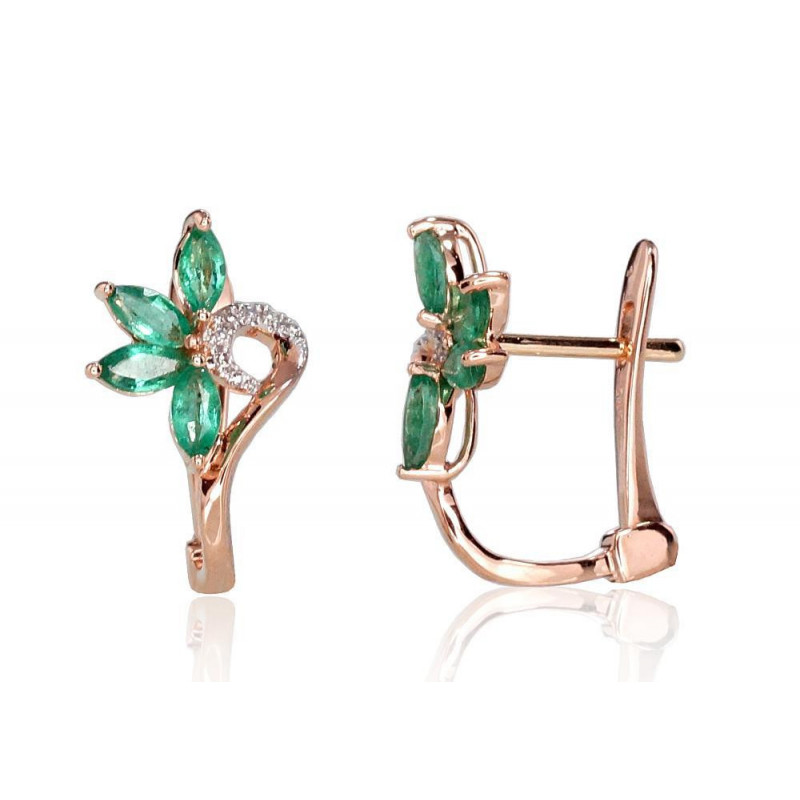 Gold earrings with 'english' lock 1200717(Au-R+PRh-W)_DI+EM, Red Gold 585°, Rhodium (Plating) , Diamonds , Emerald