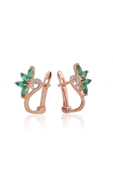 Gold earrings with 'english' lock 1200717(Au-R+PRh-W)_DI+EM, Red Gold 585°, Rhodium (Plating) , Diamonds , Emerald