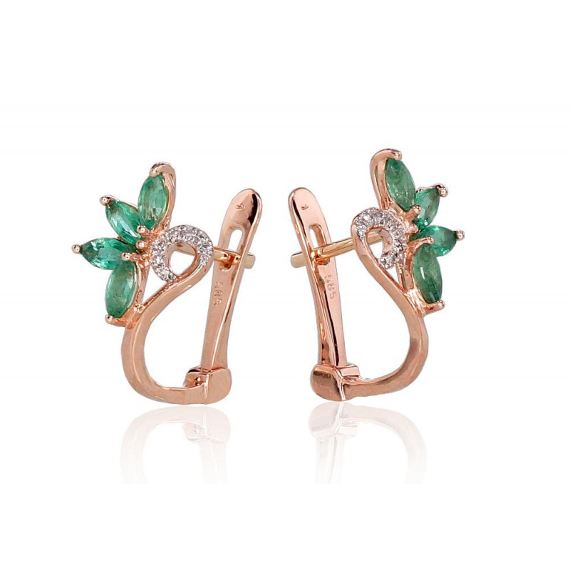 Gold earrings with 'english' lock 1200717(Au-R+PRh-W)_DI+EM, Red Gold 585°, Rhodium (Plating) , Diamonds , Emerald