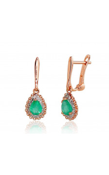 Gold earrings with 'english' lock 1200799(Au-R+PRh-W)_DI+EM, Red Gold 585°, Rhodium (Plating) , Diamonds , Emerald
