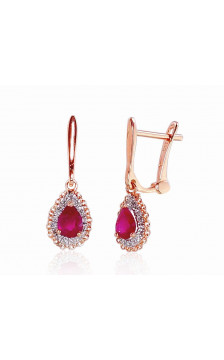 Gold earrings with 'english' lock 1200799(Au-R+PRh-W)_DI+RB, Red Gold 585°, Rhodium (Plating) , Diamonds , Ruby
