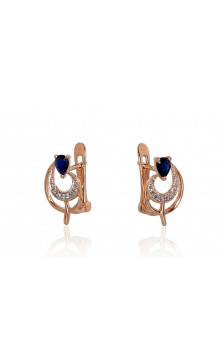 Gold earrings with 'english' lock 1200806(Au-R+PRh-W)_DI+SA, Red Gold 585°, Rhodium (Plating) , Diamonds , Sapphire