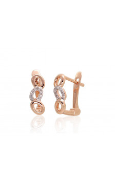 Gold earrings with 'english' lock 1201285(Au-R+PRh-W)_DI, Red Gold 585°, Rhodium (Plating) , Diamonds